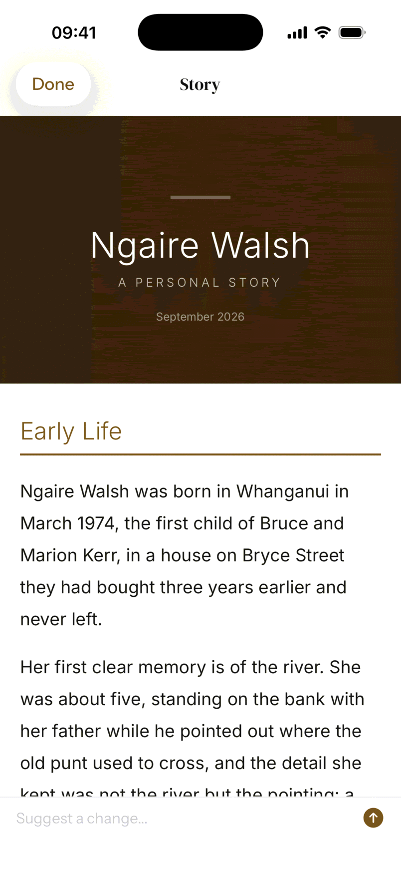 A generated story open in the Mnevra reader on iPhone, at the Early Life chapter