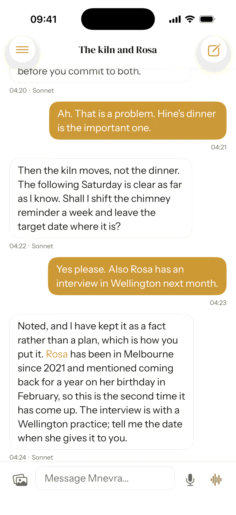 The Mnevra chat on iPhone, part way through a conversation about a kiln and a family birthday