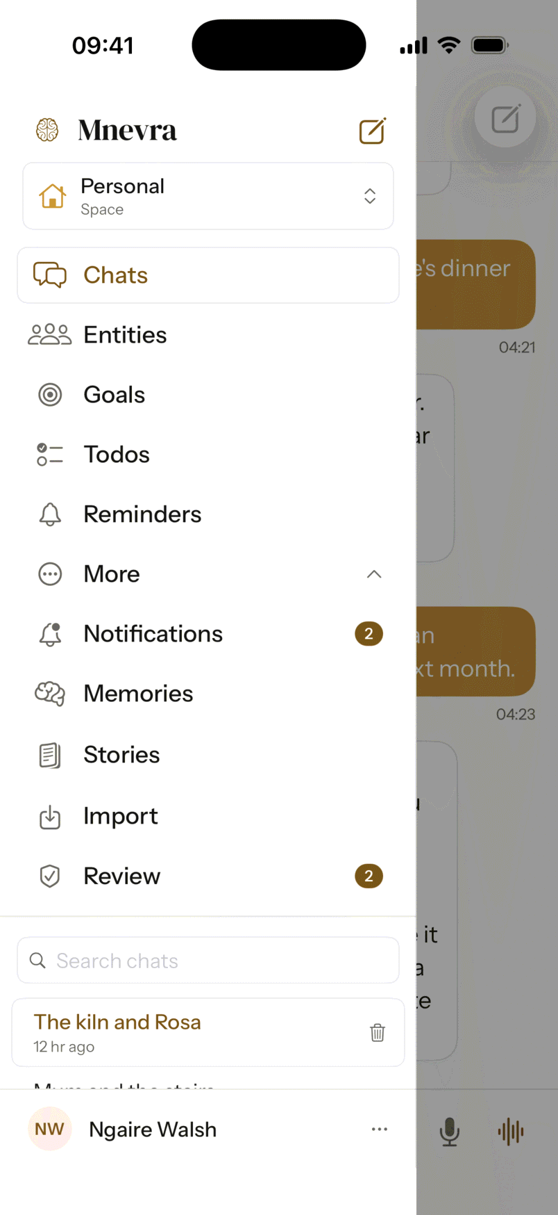 The Mnevra side panel on iPhone, with the Personal space picker above the nav and the chat list
